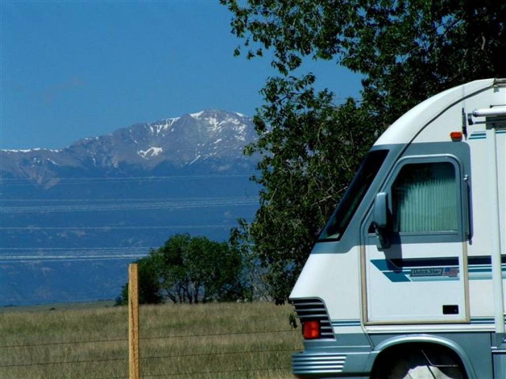 Pikes Peak in background RV in foreground